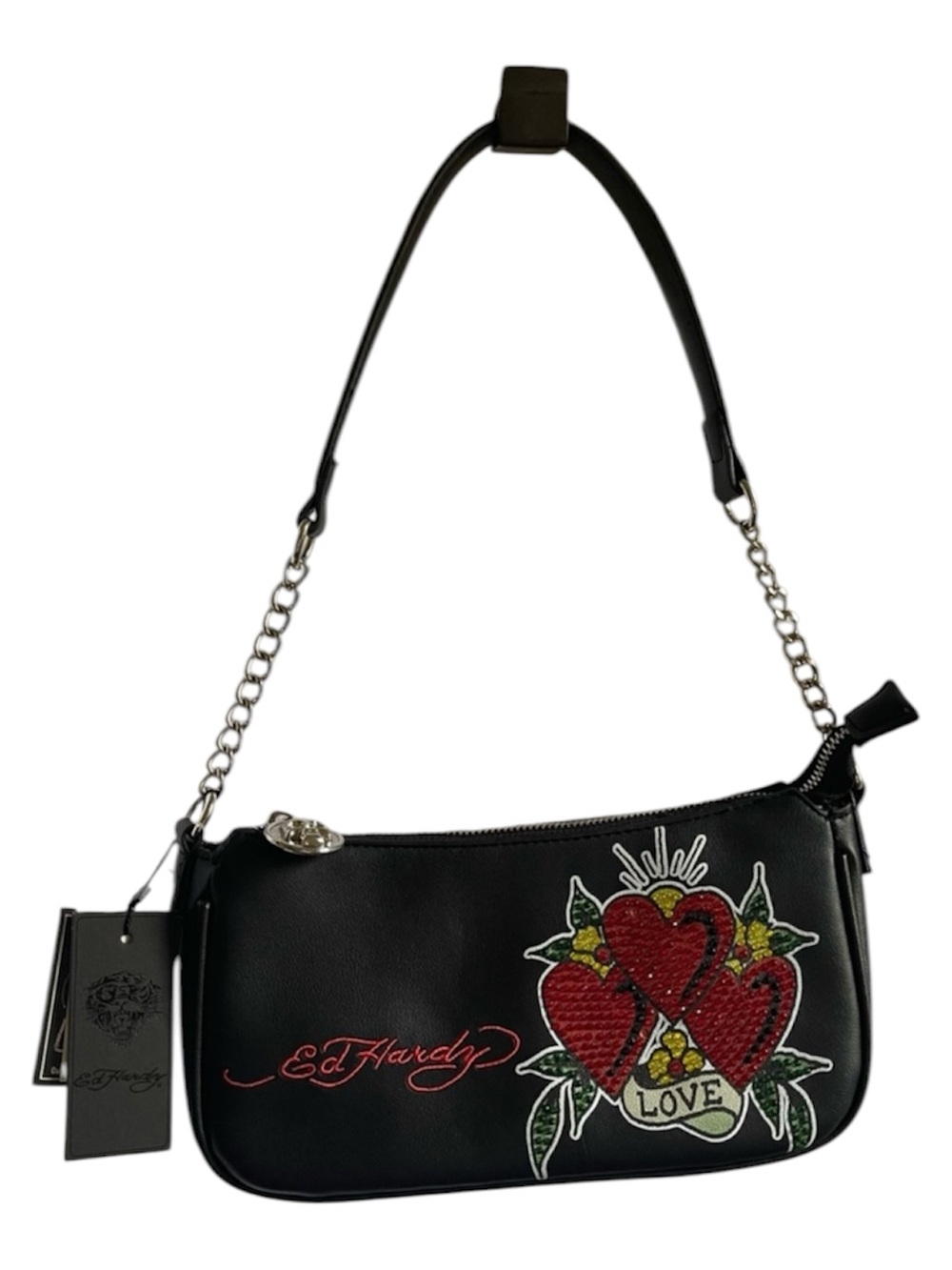 Ed Hardy Iconic Tattoo 3 Hearts Love Bling Black Crossbody Shoulder Bag NWT **